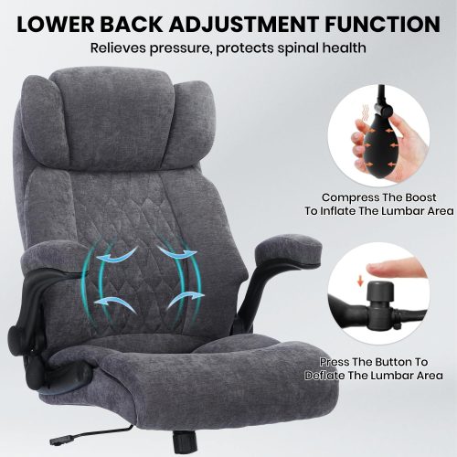 Solfway Big and Tall Office Chair 500LBS with Adjustable Lumbar Support and Padded Flip-up Arms, Gray Fabric Ergonomic Executive Computer Desk Chair with Rubber Wheels and Wide Seat for Adults Teens - Image 4