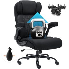 Solfway Big and Tall Office Chair 500LBS with Adjustable Lumbar Support and Paddded Flip-up Arms, Black Fabric Executive Computer Desk Chair with Rubber Wheels and Wide Seat for Adults Teens