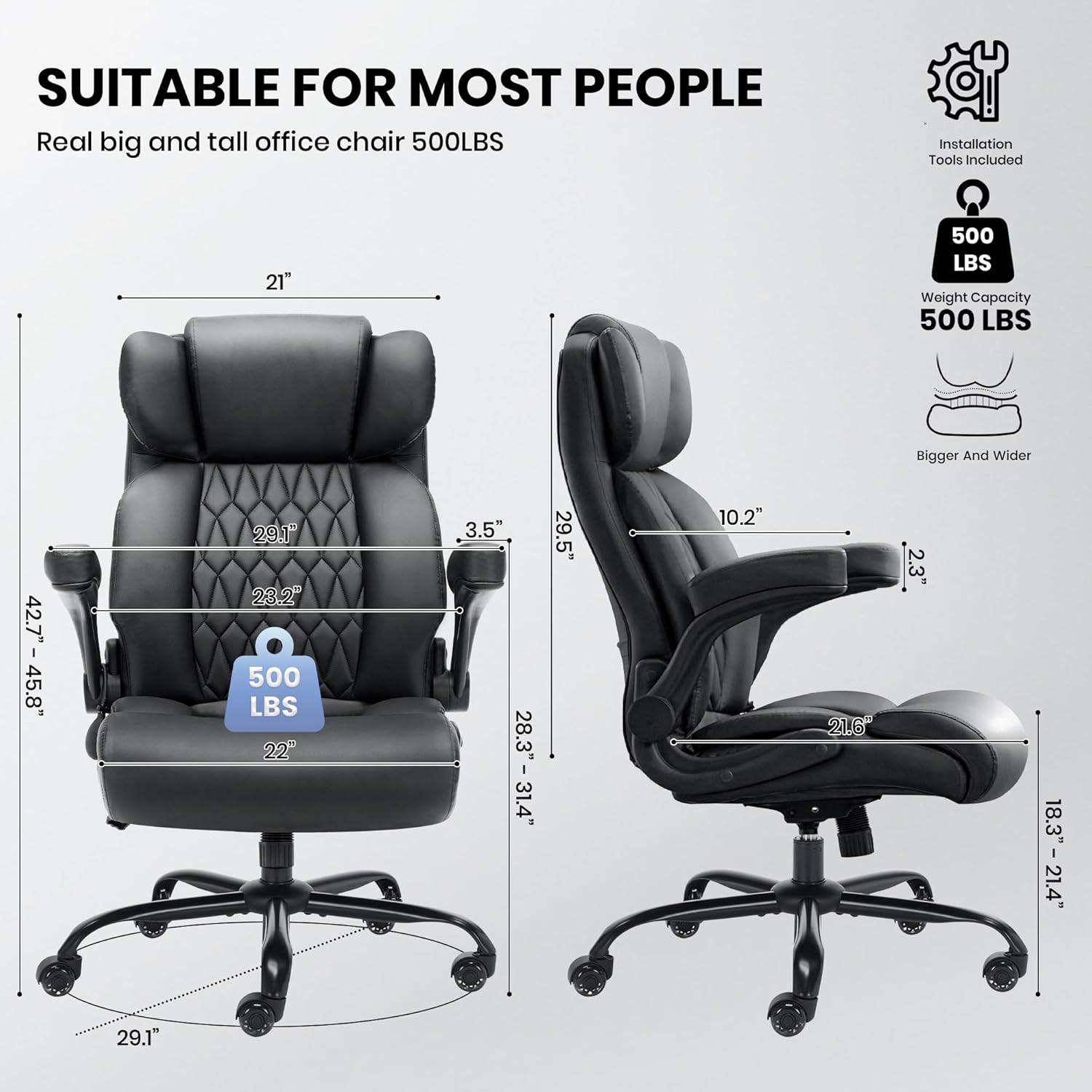 Solfway Big and Tall Office Chair 500LBS with Adjustable Lumbar Support and Padded Flip-up Arms, Black PU Leather Executive Computer Desk Chair with Rubber Wheels and Wide Seat for Adults Teens - Image 2