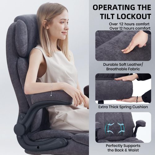 Solfway Big and Tall Office Chair 500LBS with Adjustable Lumbar Support and Padded Flip-up Arms, Gray Fabric Ergonomic Executive Computer Desk Chair with Rubber Wheels and Wide Seat for Adults Teens - Image 5