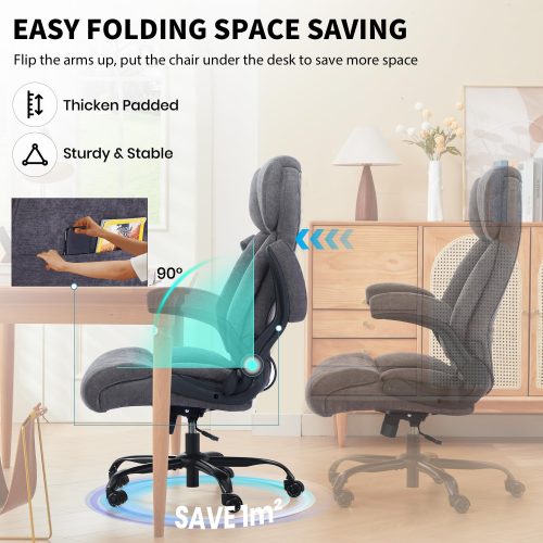 Solfway Big and Tall Office Chair 500LBS with Adjustable Lumbar Support and Paddded Flip-up Arms, Black Fabric Executive Computer Desk Chair with Rubber Wheels and Wide Seat for Adults Teens - Image 8