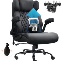Solfway Big and Tall Office Chair 500LBS with Adjustable Lumbar Support and Padded Flip-up Arms, Black PU Leather Executive Computer Desk Chair with Rubber Wheels and Wide Seat for Adults Teens