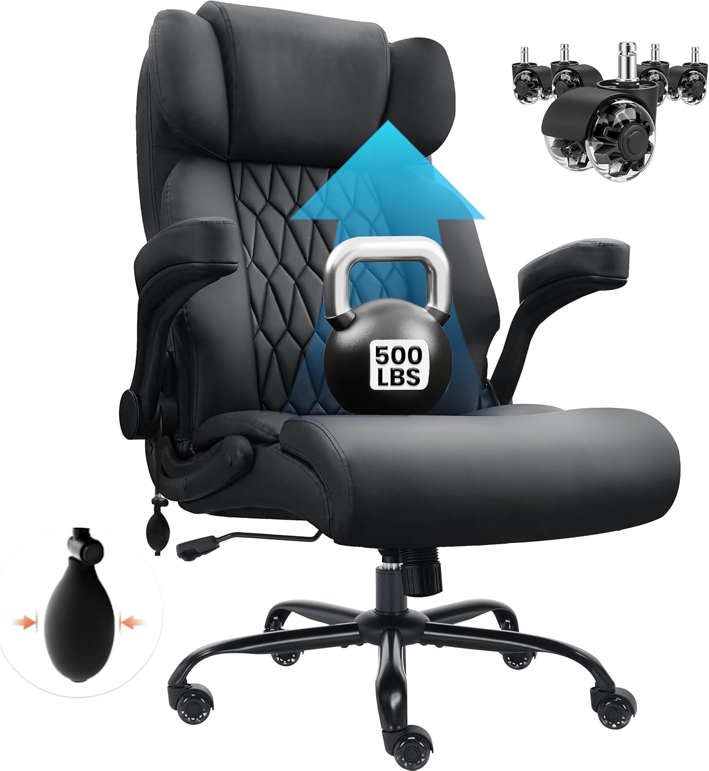 Solfway Big and Tall Office Chair 500LBS with Adjustable Lumbar Support and Padded Flip-up Arms, Black PU Leather Executive Computer Desk Chair with Rubber Wheels and Wide Seat for Adults Teens