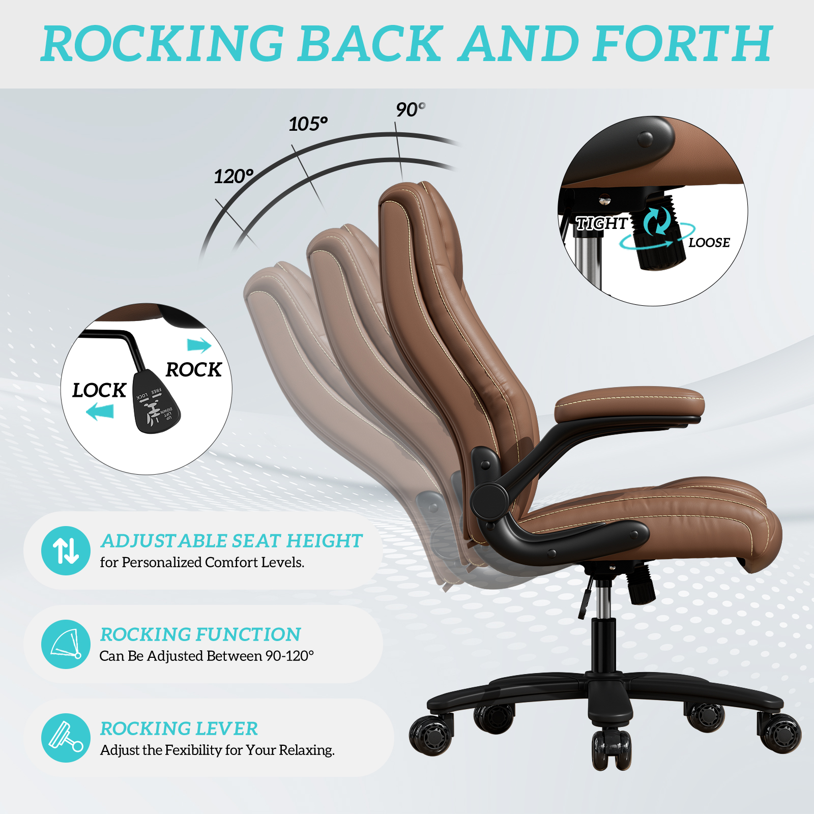 Solfway Big and Tall Office Chair 400LBS, High Back Brown Leather Executive Office Chair, Computer Desk Chair with Adjustable Flip-up Arms, Wheels and Lumbar Support - Image 3
