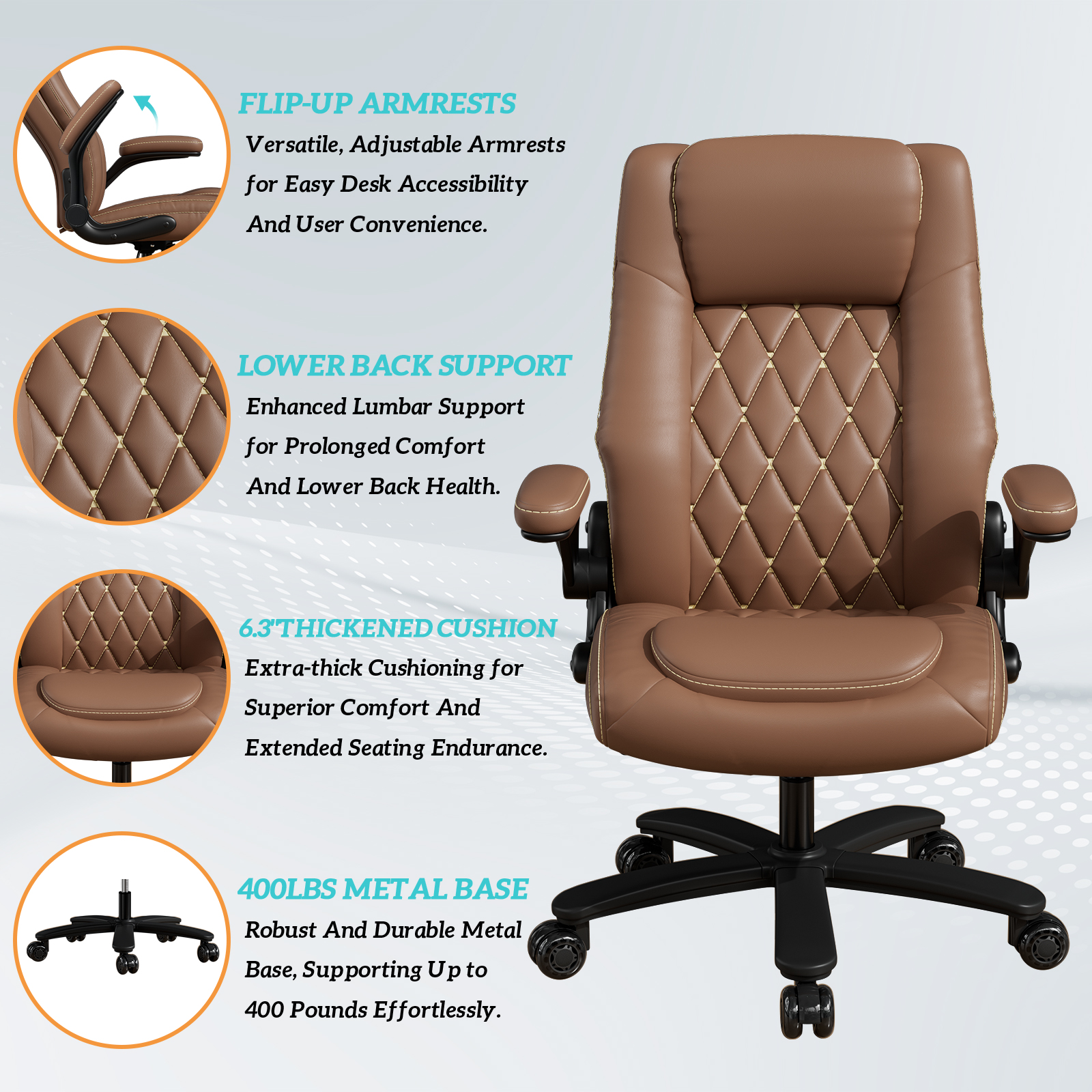 Solfway Big and Tall Office Chair 400LBS, High Back Brown Leather Executive Office Chair, Computer Desk Chair with Adjustable Flip-up Arms, Wheels and Lumbar Support - Image 5