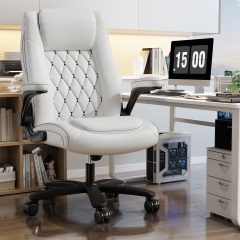 Solfway Big and Tall Office Chair 400LBS, High Back White Leather Executive Office Chair, Computer Desk Chairs with Adjustable Flip-up Arms, Wheels and Lumbar Support