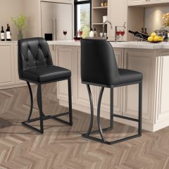 Solfway 24" Counter Height Bar Stools Set of 2, Black Leather Barstools with Back and Metal Legs, Counter Stools Bar Chair for Kitchen Island