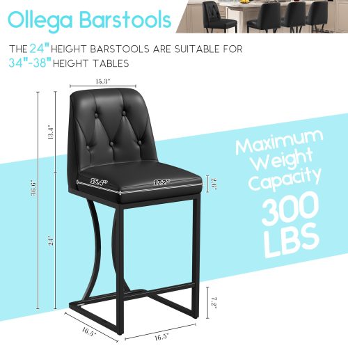 Solfway 24" Counter Height Bar Stools Set of 4, Black Leather Barstools with Back and Metal Legs, Counter Stools Bar Chair for Kitchen Island - Image 2