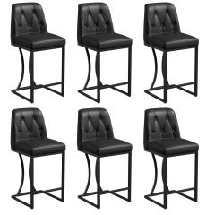 Solfway Bar Stools Set of 6, 24" Kitchen Counter Height Bar Stools with Backs Metal Legs and Footrest, Black Leather Barstools for Kitchen Island