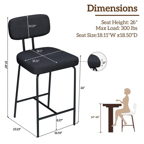 Solfway Counter Height Bar Stools Set of 3, 26" Black Fabric Kitchen Counter Stools with Backs, Metal Legs, Footrest and Wide Seat, Bar Chairs for Kitchen Island - Image 2