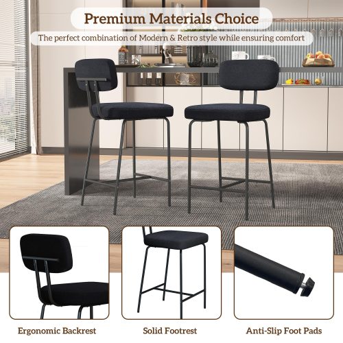 Solfway Counter Height Bar Stools Set of 3, 26" Black Fabric Kitchen Counter Stools with Backs, Metal Legs, Footrest and Wide Seat, Bar Chairs for Kitchen Island - Image 5