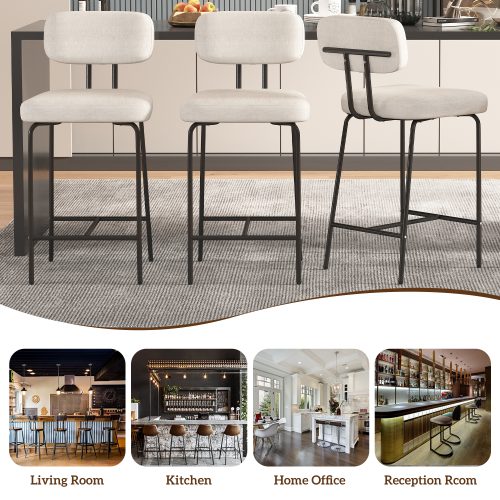 Solfway Counter Height Bar Stools Set of 3, 26" White Fabric Kitchen Counter Stools with Backs, Metal Legs, Footrest and Wide Seat, Bar Chairs for Kitchen Island - Image 6