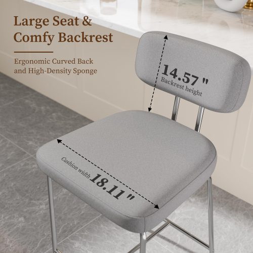 Solfway Counter Height Bar Stools Set of 3, 26" Gray Fabric Kitchen Counter Stools with Backs, Metal Legs, Footrest and Wide Seat, Bar Chairs for Kitchen Island - Image 3