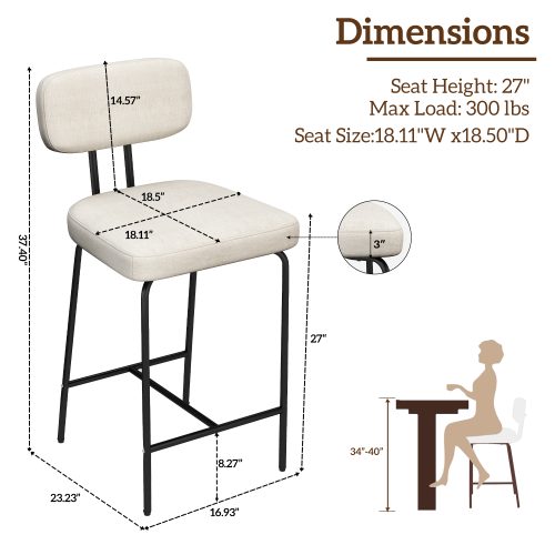 Solfway Counter Height Bar Stools Set of 3, 26" White Fabric Kitchen Counter Stools with Backs, Metal Legs, Footrest and Wide Seat, Bar Chairs for Kitchen Island - Image 2