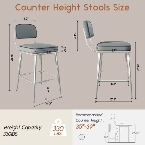 Solfway Counter Height Bar Stools Set of 2, 26" Gray Fabric Kitchen Counter Stools with Backs, Metal Legs, Footrest and Wide Seat, Bar Chairs for Kitchen Island - Image 2