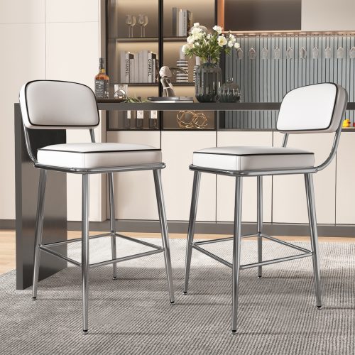 Solfway Counter Height Bar Stools Set of 2, 26" White Fabric Kitchen Counter Stools with Backs, Metal Legs, Footrest and Wide Seat, Bar Chairs for Kitchen Island