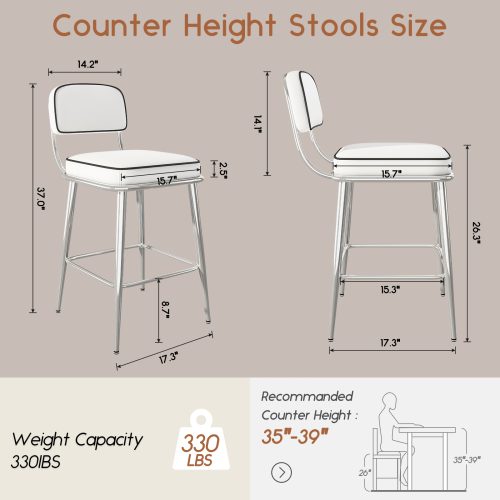 Solfway Counter Height Bar Stools Set of 2, 26" White Fabric Kitchen Counter Stools with Backs, Metal Legs, Footrest and Wide Seat, Bar Chairs for Kitchen Island - Image 2