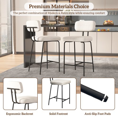 Solfway Counter Height Bar Stools Set of 3, 26" White Fabric Kitchen Counter Stools with Backs, Metal Legs, Footrest and Wide Seat, Bar Chairs for Kitchen Island - Image 5