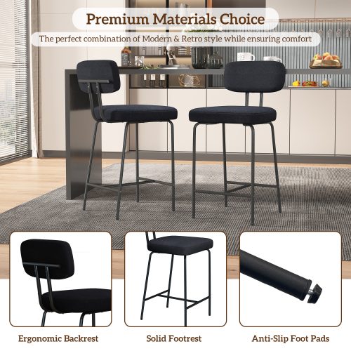 Solfway Counter Height Bar Stools Set of 4, 26" Black Bar Stools with Back and Metal Legs, Fabric Kitchen Counter Stools with Footrest and Wide Seat, Bar Chairs for Kitchen Island - Image 4