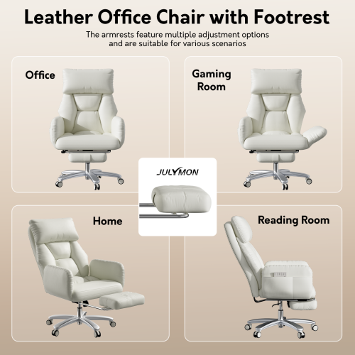 Solfway Criss Cross Desk Chair, Cross Legged Office Chair with Wheels, White Leather Big and Tall Reclining Office Chair 500lbs with Foot Rest, Reversible Armrests & Wide Seat - Image 3