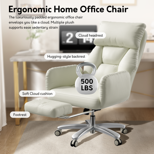 Solfway Criss Cross Desk Chair, Cross Legged Office Chair with Wheels, White Leather Big and Tall Reclining Office Chair 500lbs with Foot Rest, Reversible Armrests & Wide Seat - Image 4