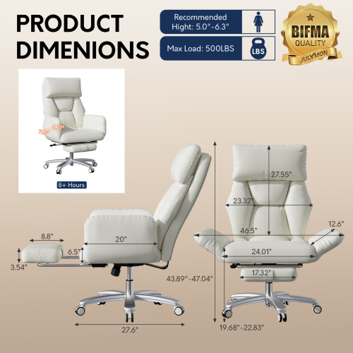 Solfway Criss Cross Desk Chair, Cross Legged Office Chair with Wheels, White Leather Big and Tall Reclining Office Chair 500lbs with Foot Rest, Reversible Armrests & Wide Seat - Image 5