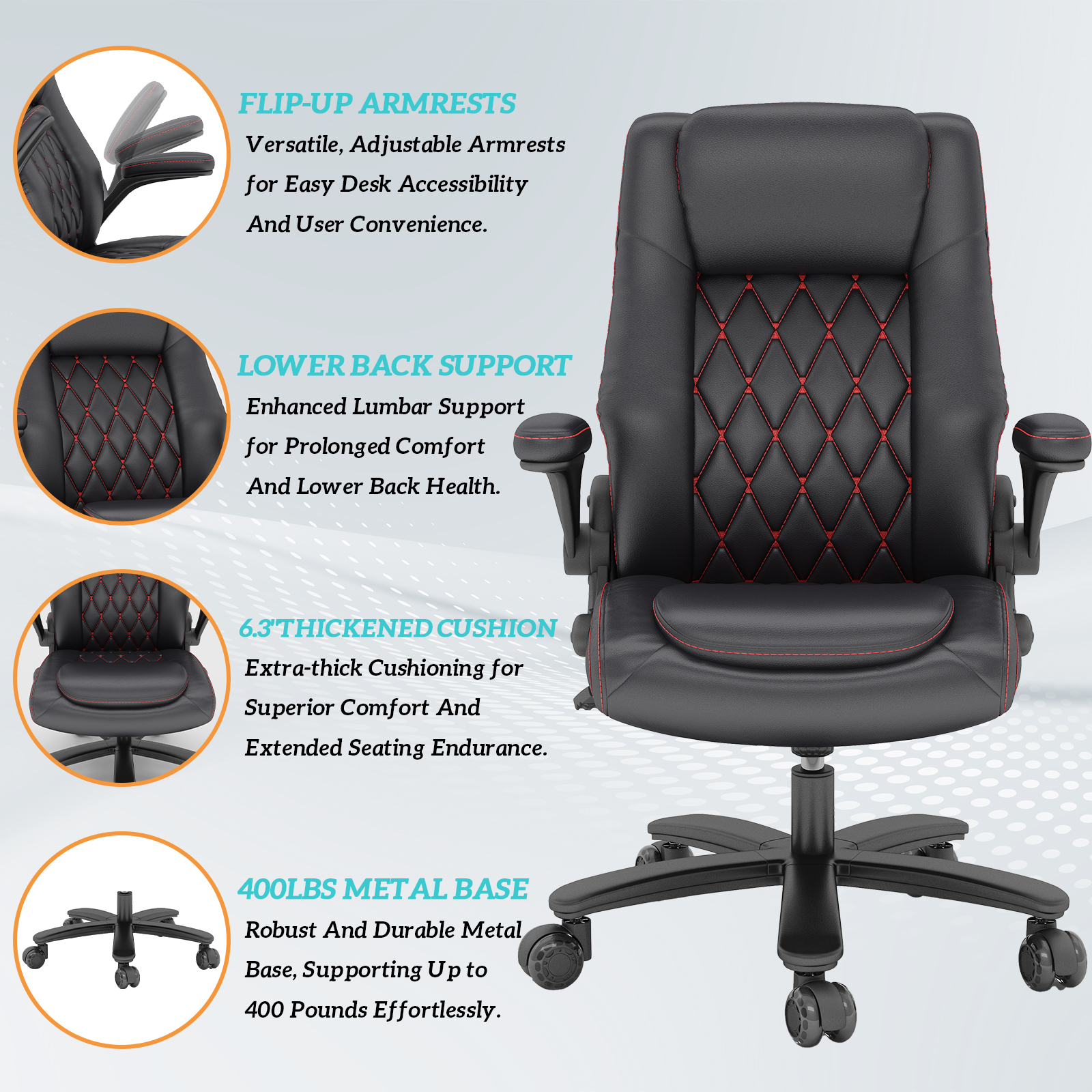 Solfway Big and Tall Office Chair 400LBS, High Back Black Leather Executive Office Chair, Computer Desk Chair with Adjustable Flip-up Arms, Wheels and Lumbar Support - Image 2