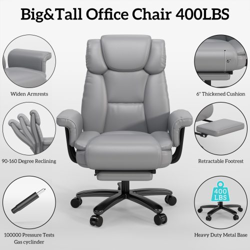 Solfway Big and Tall Office Chair 400lbs, Reclining Home Office Desk Chair with Footrest for Adult, High Back Wide Seat Executive Computer Chair, Gray - Image 6