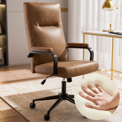 Solfway Brown Leather Office Chair with Wheels, Memory Foam Height Adjustable Computer Desk Chair, Rolling Swivel Executive Chair for Home Office