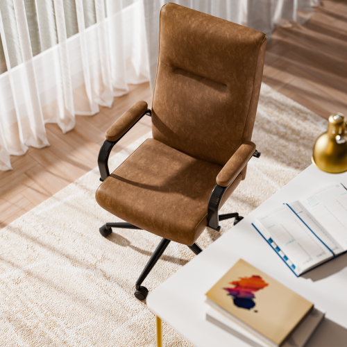 Solfway Brown Leather Office Chair with Wheels, Memory Foam Height Adjustable Computer Desk Chair, Rolling Swivel Executive Chair for Home Office - Image 8
