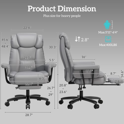 Solfway Big and Tall Office Chair 400lbs, Reclining Home Office Desk Chair with Footrest for Adult, High Back Wide Seat Executive Computer Chair, Gray - Image 2