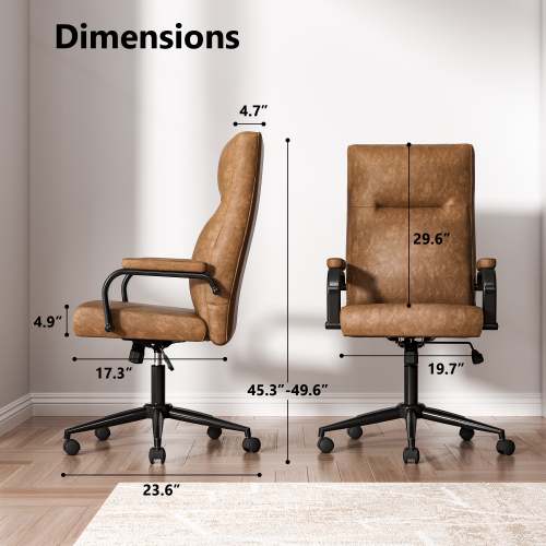 Solfway Brown Leather Office Chair with Wheels, Memory Foam Height Adjustable Computer Desk Chair, Rolling Swivel Executive Chair for Home Office - Image 2