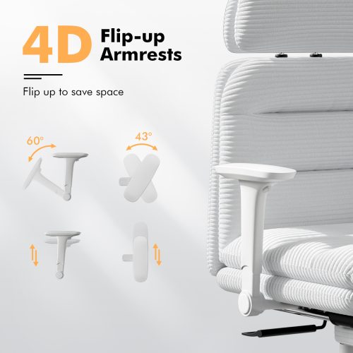Solfway Criss Cross Chair with Wheels & Flip-up Arms, Executive Office Chair with Foot Rest, Swivel Cross Legged Office Chair, White Corduroy Fabric Comfy Computer Desk Chair, Vanity Chair for Home - Image 5