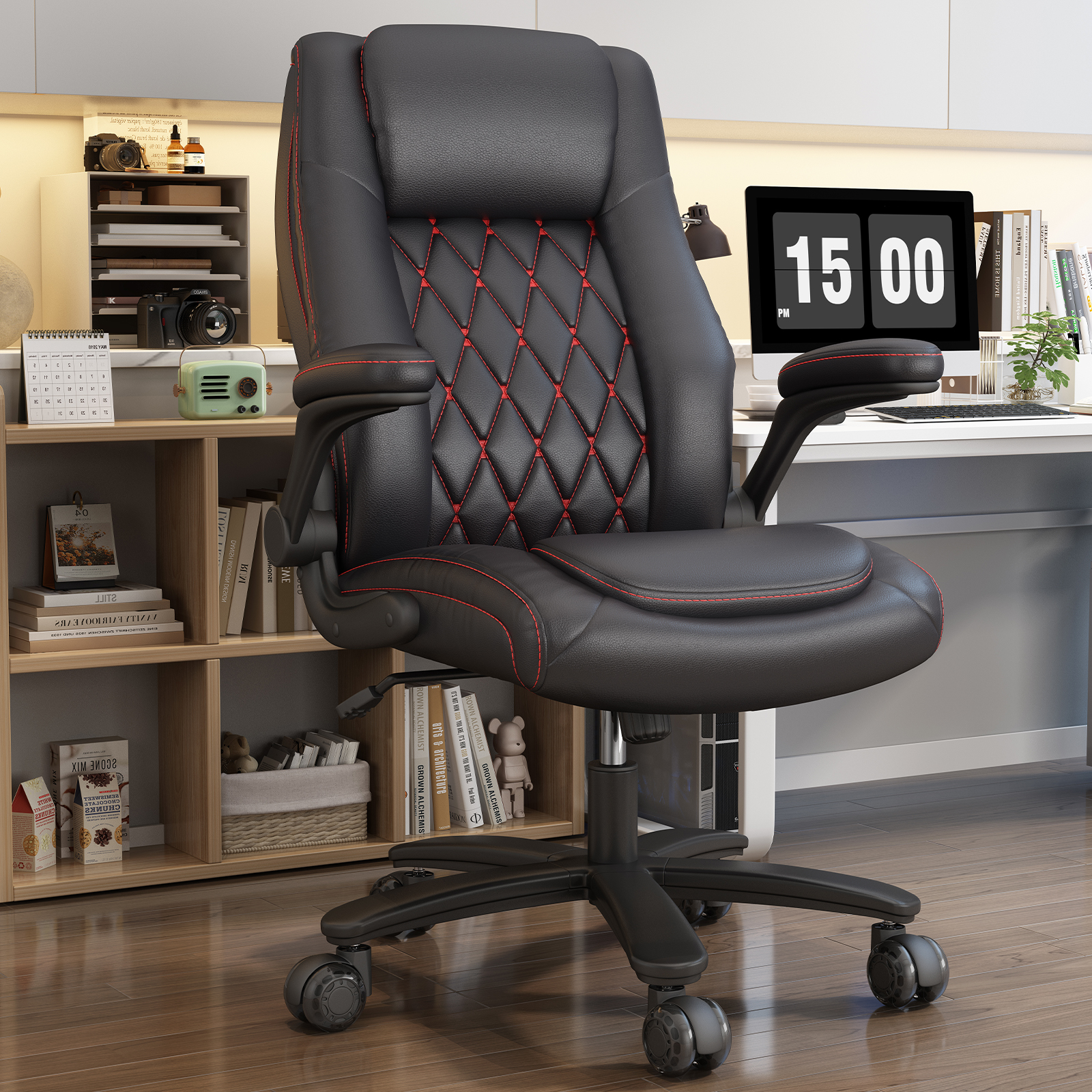 Solfway Big and Tall Office Chair 400LBS, High Back Black Leather Executive Office Chair, Computer Desk Chair with Adjustable Flip-up Arms, Wheels and Lumbar Support