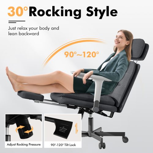 Solfway Criss Cross Chair with Wheels & Flip-up Arms, Executive Office Chair with Foot Rest, Swivel Cross Legged Office Chair, Black Corduroy Fabric Comfy Computer Desk Chair, Vanity Chair for Home - Image 3