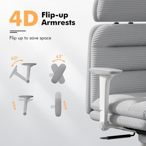Solfway Criss Cross Chair with Wheels & Flip-up Arms, Executive Office Chair with Foot Rest, Swivel Cross Legged Office Chair, Gray Corduroy Fabric Comfy Computer Desk Chair, Vanity Chair for Home - Image 5