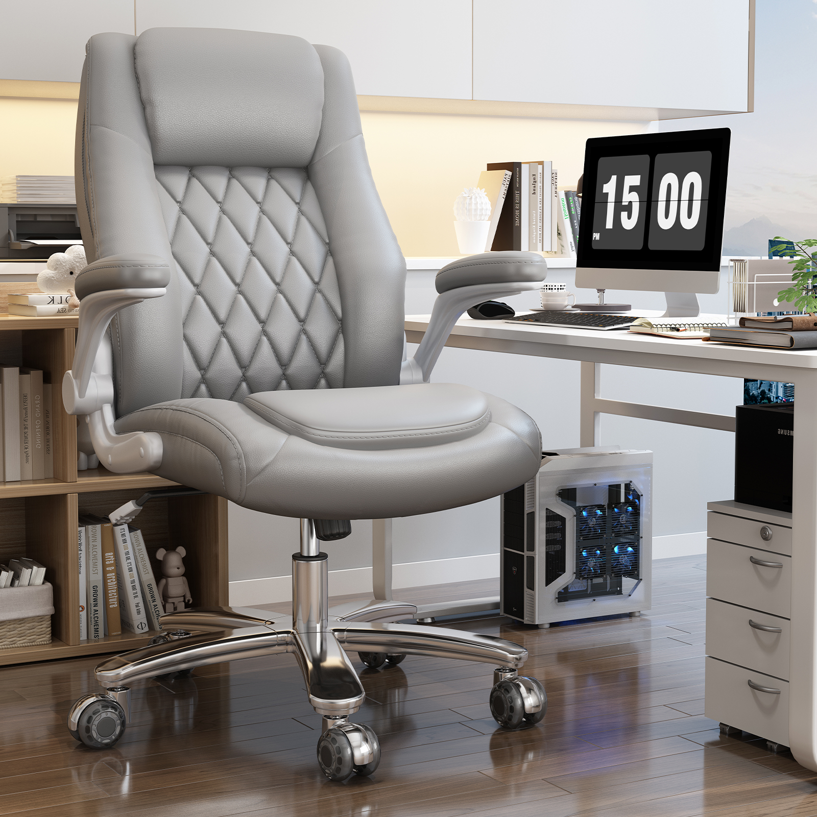 Solfway Big and Tall Office Chair 400 lbs, High Back PU Leather Executive Office Chair with Lumbar Support and Rubber Wheels, Flip-up Armrests Computer Desk Chairs, Gray