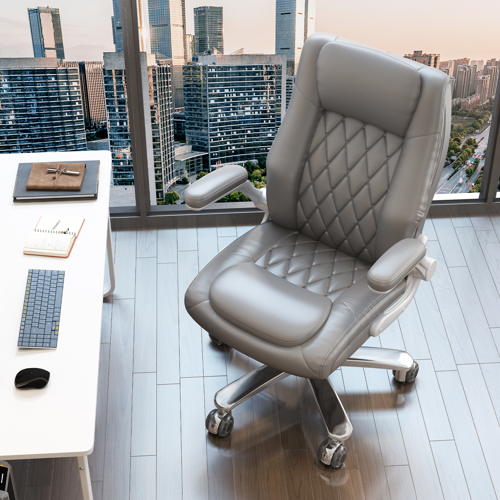 Solfway Big and Tall Office Chair 400 lbs, High Back PU Leather Executive Office Chair with Lumbar Support and Rubber Wheels, Flip-up Armrests Computer Desk Chairs, Gray - Image 8