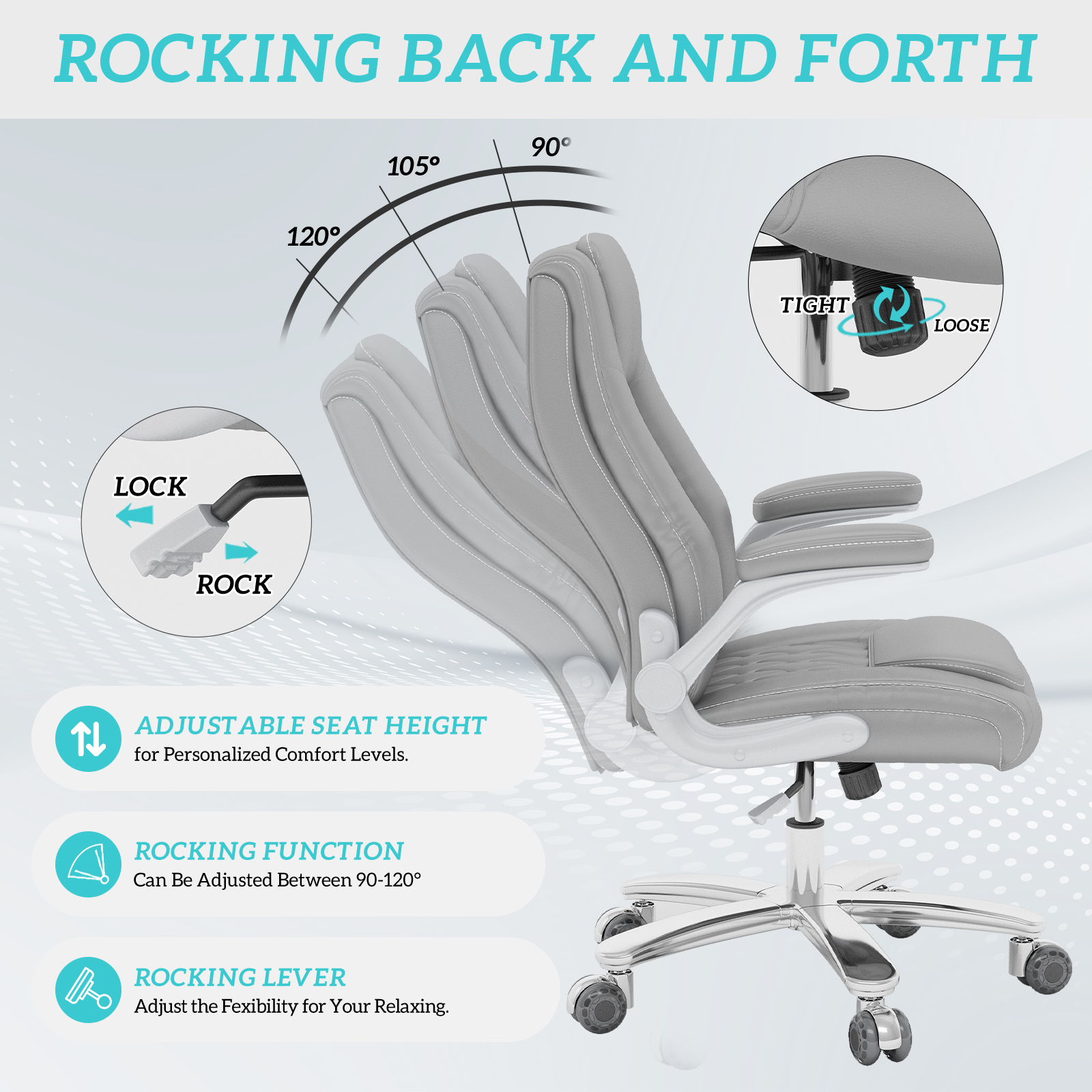 Solfway Big and Tall Office Chair 400 lbs, High Back PU Leather Executive Office Chair with Lumbar Support and Rubber Wheels, Flip-up Armrests Computer Desk Chairs, Gray - Image 3