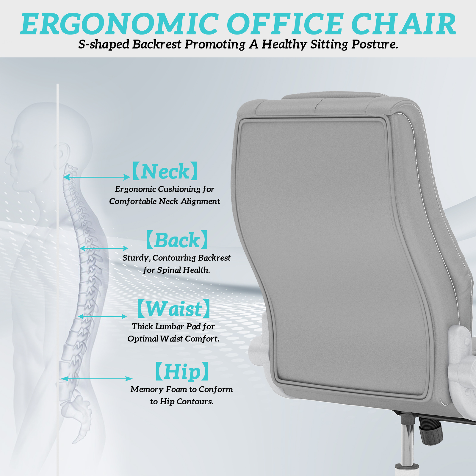 Solfway Big and Tall Office Chair 400 lbs, High Back PU Leather Executive Office Chair with Lumbar Support and Rubber Wheels, Flip-up Armrests Computer Desk Chairs, Gray - Image 6