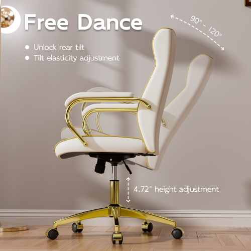 White and Gold Office Chair with Soft Leather Embroidery, Mid Back Vintage Swivel Executive Desk Chair with Wheels and Padded Arms, Adjustable Height - Image 3
