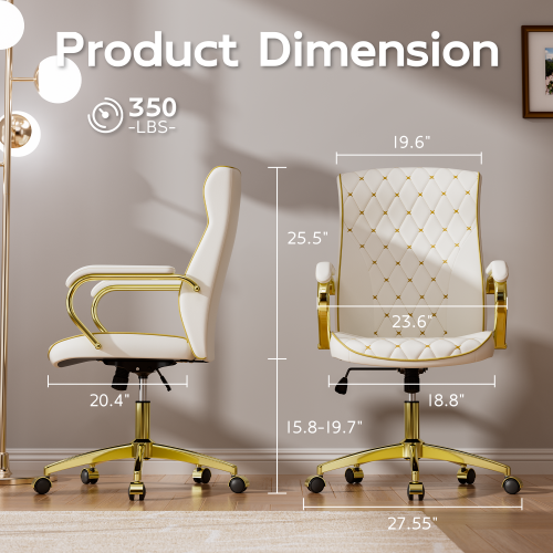 White and Gold Office Chair with Soft Leather Embroidery, Mid Back Vintage Swivel Executive Desk Chair with Wheels and Padded Arms, Adjustable Height - Image 2