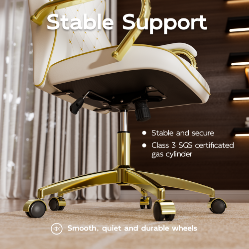 White and Gold Office Chair with Soft Leather Embroidery, Mid Back Vintage Swivel Executive Desk Chair with Wheels and Padded Arms, Adjustable Height - Image 4