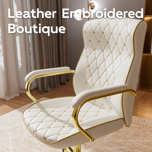 White and Gold Office Chair with Soft Leather Embroidery, Mid Back Vintage Swivel Executive Desk Chair with Wheels and Padded Arms, Adjustable Height - Image 5