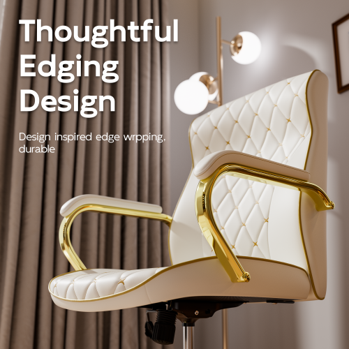 White and Gold Office Chair with Soft Leather Embroidery, Mid Back Vintage Swivel Executive Desk Chair with Wheels and Padded Arms, Adjustable Height - Image 6