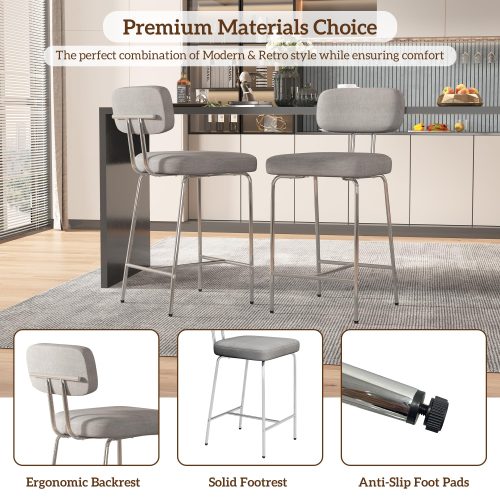Solfway Counter Height Bar Stools Set of 3, 26" Gray Fabric Kitchen Counter Stools with Backs, Metal Legs, Footrest and Wide Seat, Bar Chairs for Kitchen Island - Image 4
