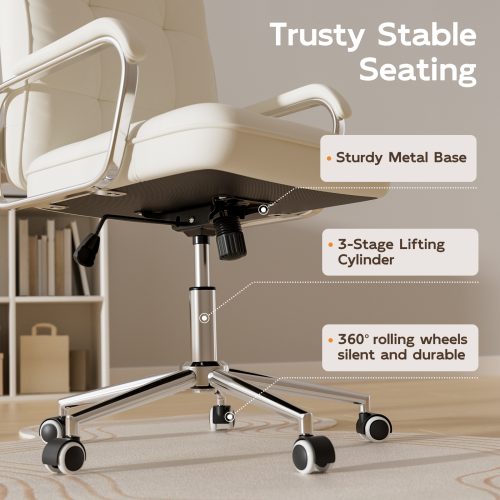 Solfway White Office Chair, Swivel Leather Computer Desk Chair with Wheels and Padded Arms, Executive Office Chair for Adults - Image 4