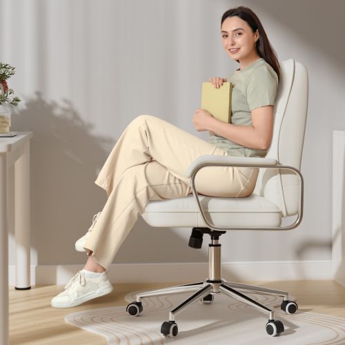 Solfway White Office Chair, Swivel Leather Computer Desk Chair with Wheels and Padded Arms, Executive Office Chair for Adults - Image 7
