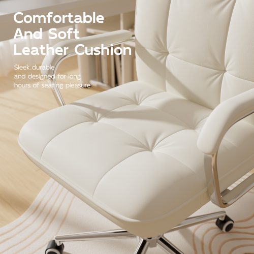Solfway White Office Chair, Swivel Leather Computer Desk Chair with Wheels and Padded Arms, Executive Office Chair for Adults - Image 3