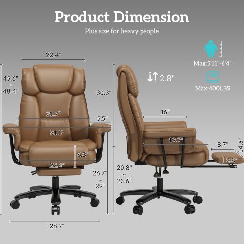 Solfway Big and Tall Office Chair 400lbs, Reclining Home Office Desk Chair with Footrest for Adult, High Back Wide Seat Executive Computer Chair, Brown - Image 2